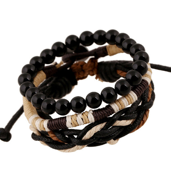 Vintage Black Wooden Ball Beads Strand Bracelets Handmade Rope Braided Charm Bracelet