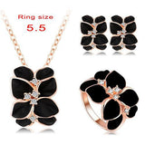 Jewelry Set Rose Gold Plate Austrian Crystal Enamel Earring/Necklace/Ring Flower Set
