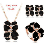 Jewelry Set Rose Gold Plate Austrian Crystal Enamel Earring/Necklace/Ring Flower Set