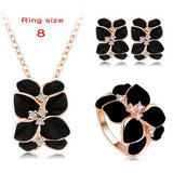 Jewelry Set Rose Gold Plate Austrian Crystal Enamel Earring/Necklace/Ring Flower Set
