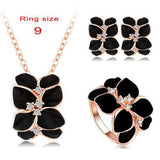 Jewelry Set Rose Gold Plate Austrian Crystal Enamel Earring/Necklace/Ring Flower Set