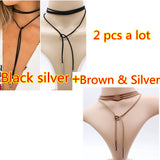 Black leather elegant Fashion Long Rope choker Collar Necklace