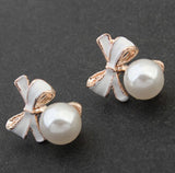 Blue Kiss Chic Shimmer Gold Plated Bow Cubic Crystal Stud Earrings For Women