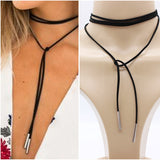 Black leather elegant Fashion Long Rope choker Collar Necklace