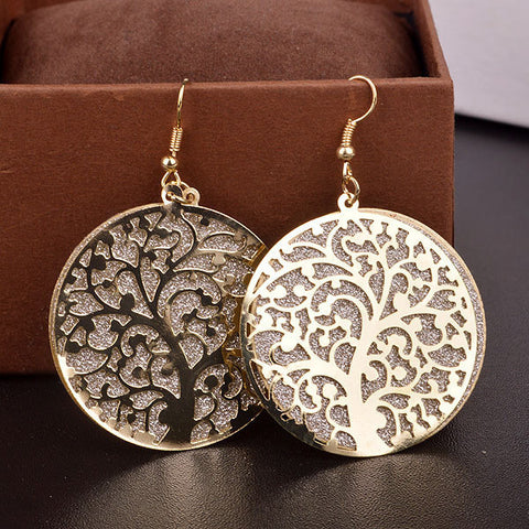 Jewelry Round Life Tree Hollow Out Scrub Earrings for Women