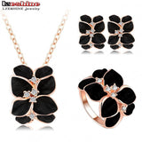 Jewelry Set Rose Gold Plate Austrian Crystal Enamel Earring/Necklace/Ring Flower Set