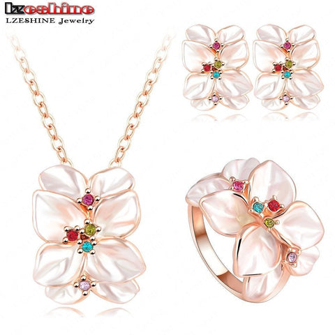 Jewelry Set Rose Gold Plate Austrian Crystal Enamel Earring/Necklace/Ring Flower Set