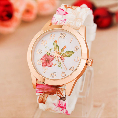 Fashion Women Watches Rose Flower Print Silicone Floral Jelly Dress Watches