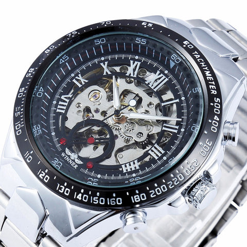 Fashion Steel Men Clock Winner Brand Stylish Design Classic Mechanical Self Wind Wrist Dress Skeleton Automatic Watch