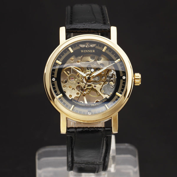 Fashion Men Mechanical Hand-Wind Skeleton Dial Genuine Leather Strap Wrist Watch Classic Style