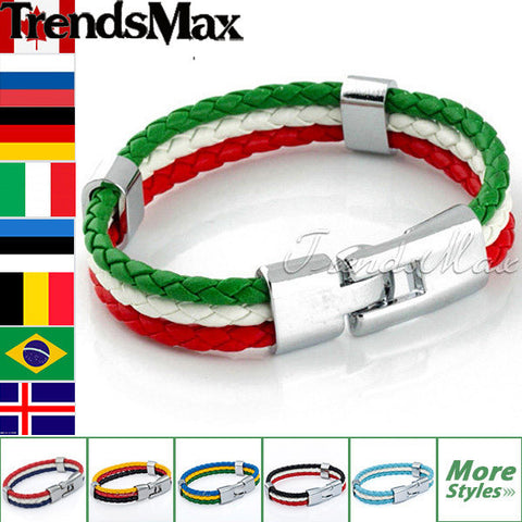 World Cup National Flags Sports 3 Strands Rope Braided Surfer Leather Bracelets