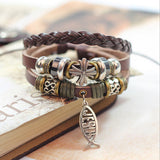 Handmade Fish Jesus Charm Genuine Leather Adjustable Bracelet