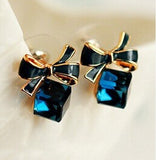 Blue Kiss Chic Shimmer Gold Plated Bow Cubic Crystal Stud Earrings For Women