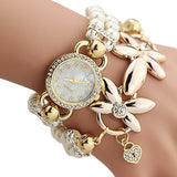 Bracelet Watch Women Ladies Fashion Quartz Clock Flower Imitation Pearl Chain Wrist Watches