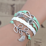 New Infinity Love Leather Owl Leaf Charm Handmade Bracelet