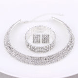 Classic Four Row Rhinestones Bridal Wedding Jewelry Sets Silver Necklace Earrings Bracelets