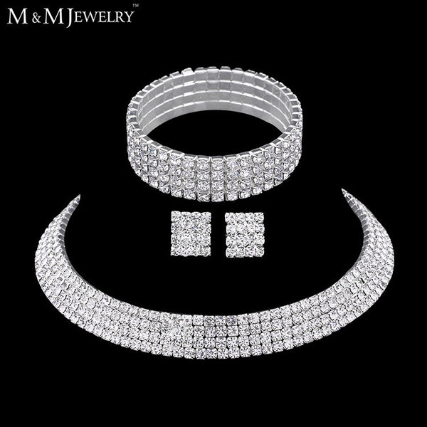 Classic Four Row Rhinestones Bridal Wedding Jewelry Sets Silver Necklace Earrings Bracelets