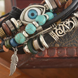 Ethnic Punk Wrap Multilayer Leather Beads Feather Evil Eye Adjustable Bracelet