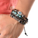 Ethnic Punk Wrap Multilayer Leather Beads Feather Evil Eye Adjustable Bracelet