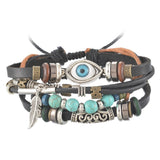 Ethnic Punk Wrap Multilayer Leather Beads Feather Evil Eye Adjustable Bracelet