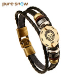 Zodiac Signs Bracelet Leather Wooden Black Gallstone Charm Bracelet For Men