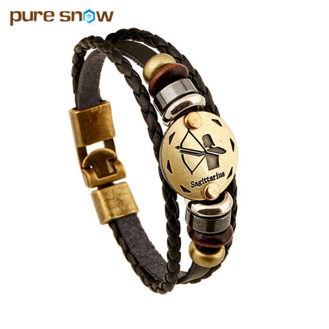 Zodiac Signs Bracelet Leather Wooden Black Gallstone Charm Bracelet For Men