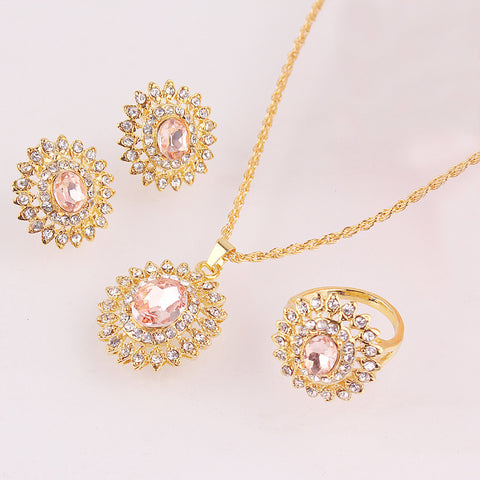 18k Gold Plated  Austrian Crystal Sunflower Pendant Necklace Earring Ring Jewelry Sets For Women