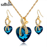 Gold Plated Crystal Heart Necklace Earrings Jewellry Set Bridal Wedding Accessories