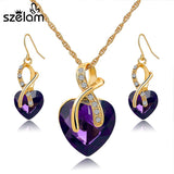 Gold Plated Crystal Heart Necklace Earrings Jewellry Set Bridal Wedding Accessories