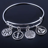 Silver Plated Bangles Adjustable Expandable Wire Bracelets with anchor & life trees charms jewelry for women