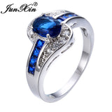 Unique Sapphire Blue Oval Zircon Stone Ring White Gold Filled Engagement Rings