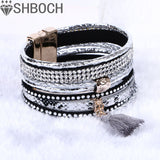 Multilayer Leather Rhinestone Crystal Tassel Magnetic Bohemian Bracelets