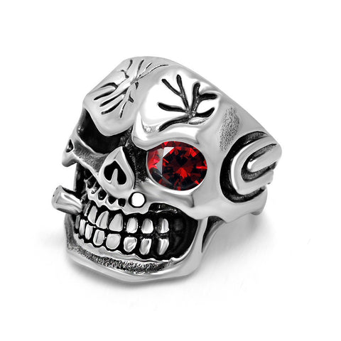 Monocular Mosaic Red Gems Vintage Skull head Ring