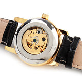 Automatic Self Wind Watch, Skeleton Watch Men Gold Hollow Engraving Elegant Genuine Leather Strap watches