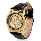 Automatic Self Wind Watch, Skeleton Watch Men Gold Hollow Engraving Elegant Genuine Leather Strap watches