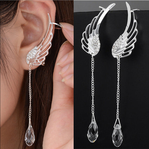 Silver Plated Angel Wing Stylist Crystal Earrings Drop Dangle For Women