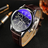 Splendid Luxury Fashion Faux Leather Men Blue Ray Glass Quartz Analog Watches Casual Cool Watch