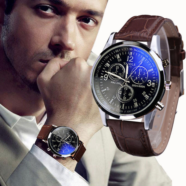 Splendid Luxury Fashion Faux Leather Men Blue Ray Glass Quartz Analog Watches Casual Cool Watch