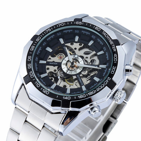 Automatic Branded Mens Classic Stainless Steel Self Wind Skeleton Mechanical Watch Fashion Cross Wristwatch