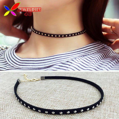 Fashion Punk Black Leather Silver Studs Collar Necklaces for women