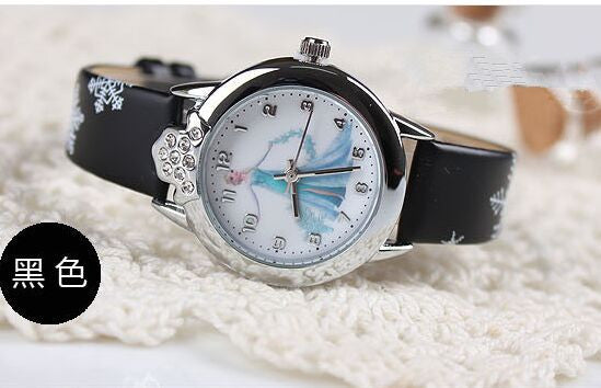 Cartoon Children Watch Princess Elsa Anna Watches Fashion Kids Cute Leather quartz WristWatch