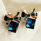 Blue Kiss Chic Shimmer Gold Plated Bow Cubic Crystal Stud Earrings For Women