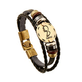 Zodiac Signs Bracelet Leather Wooden Black Gallstone Charm Bracelet For Men