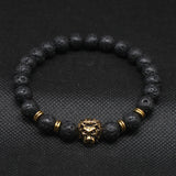 Antique Gold Plated Buddha Leo Lion Head Black Lava Stone Beaded Bracelets For Men & Women