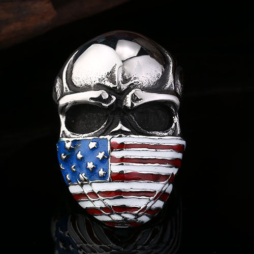 American Flag Stainless Steel Skull Ring for Men