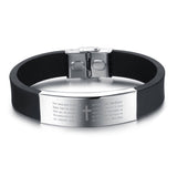 Bible Cross Charm Silver Color Titanium Stainless Steel Black Silicone Leather Bracelet