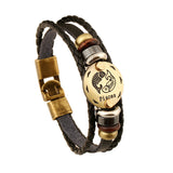 Zodiac Signs Bracelet Leather Wooden Black Gallstone Charm Bracelet For Men