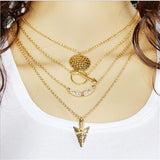 Ethnic Gold Coin Leaves Triangle Bar Round Necklace