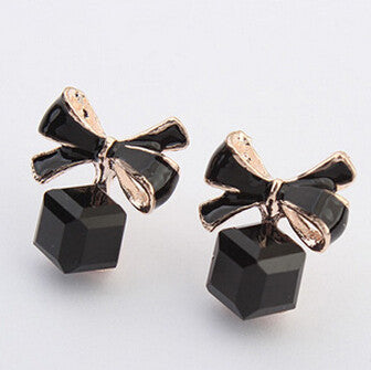 Blue Kiss Chic Shimmer Gold Plated Bow Cubic Crystal Stud Earrings For Women