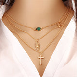 Ethnic Gold Coin Leaves Triangle Bar Round Necklace